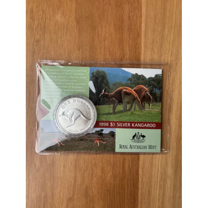 1998 $1 Silver Kangaroo Coin. In original plastic slip and cardboard display. 