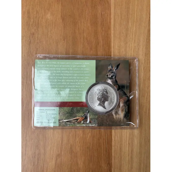 1998 $1 Silver Kangaroo Coin. In original plastic slip and cardboard display. 