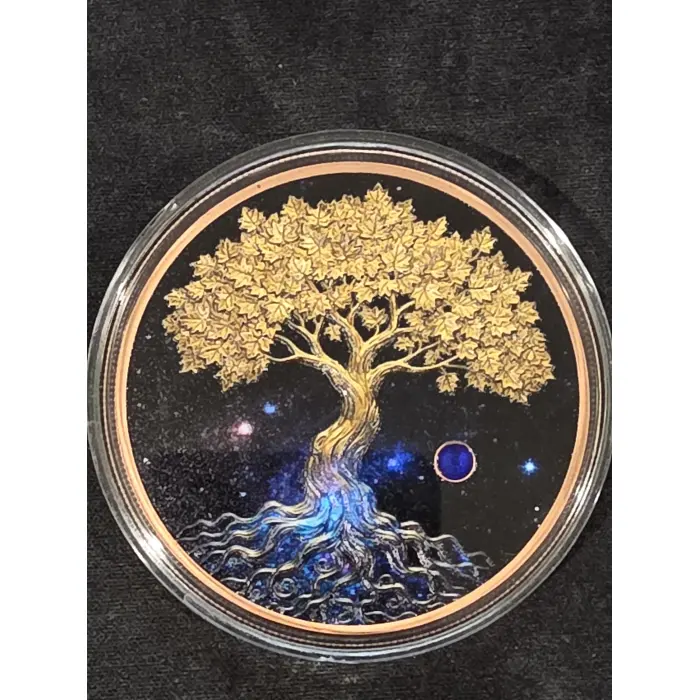 5oz copper colourised tree of life and Wolf under moon with blue gem accent