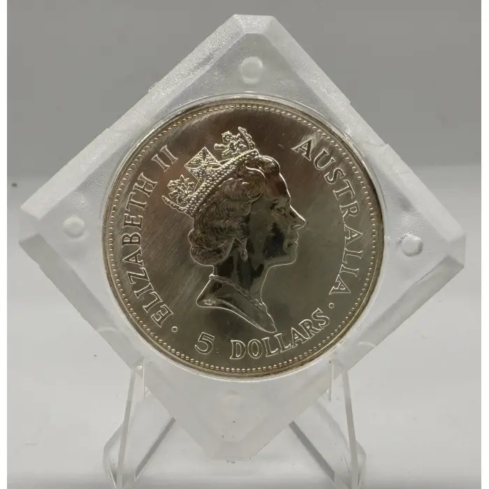 1990 Perth Mint Australian Kookaburra 1oz silver coin in original square capsule