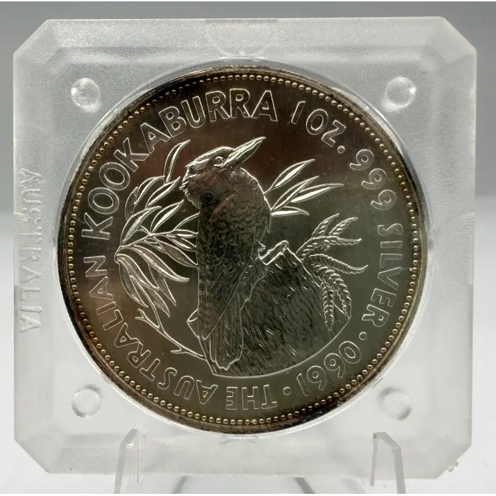 1990 Perth Mint Australian Kookaburra 1oz silver coin in original square capsule