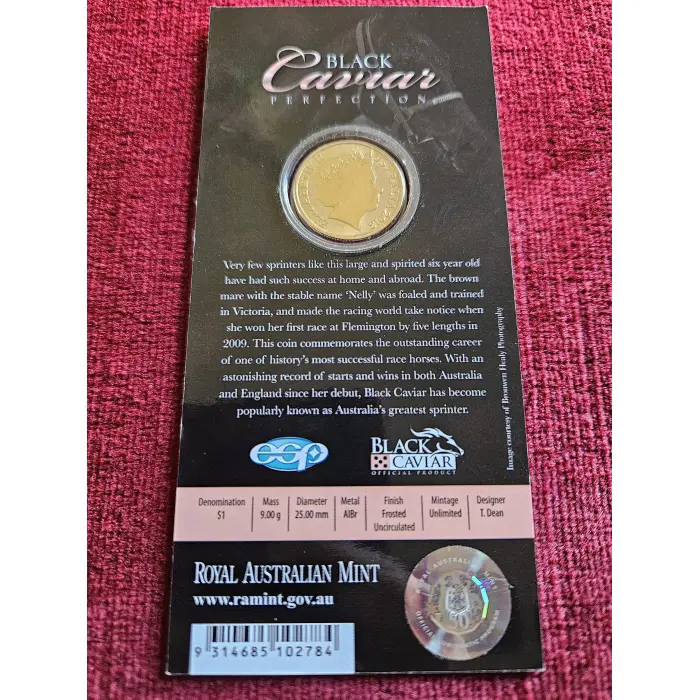 🐎  2013 Coloured 1 Dollar ($1) Black Caviar UNC Carded Coin
