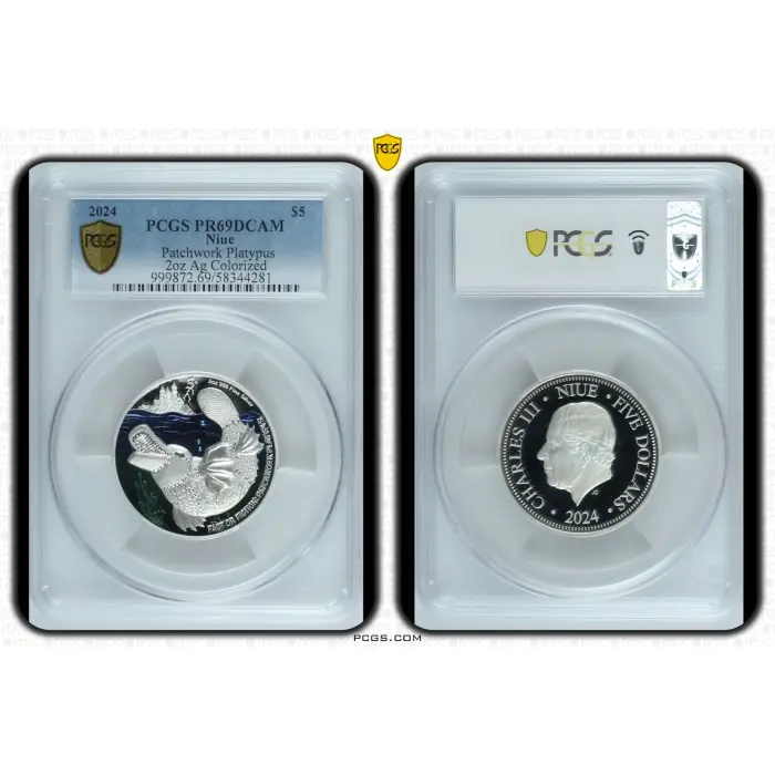 2024 Niue $5 Patchwork Platypus 2oz .999 Silver Colourised Proof PCGS PR69DCAM