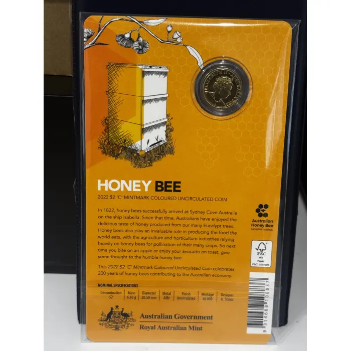 2022 $2 Honey Bee C MINTMARK Coloured UNC Uncirculated Two Dollar Coin