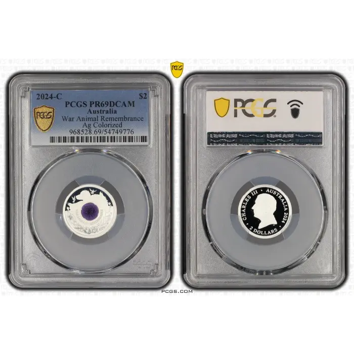 2024-C Australia $2 War Animal Remembrance Silver Colourised Proof PCGS PR69DCAM