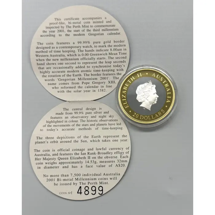 2001 Perth Mint Gregorian Millennium $20 Bi-Metal Gold & Silver Proof Coin