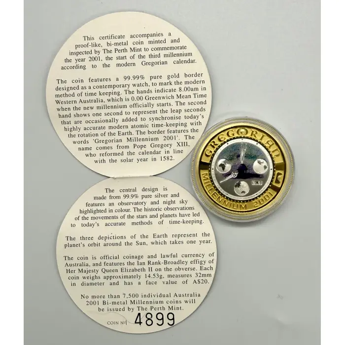 2001 Perth Mint Gregorian Millennium $20 Bi-Metal Gold & Silver Proof Coin