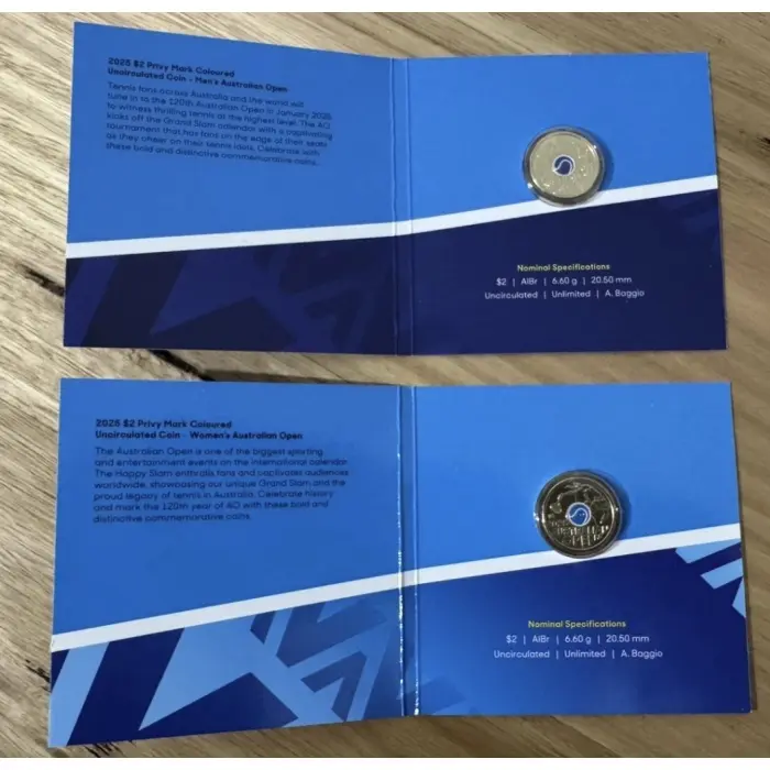 2025 $2 Australian Open Men’s and Ladies Tennis Privy Coins ( set of 2) 