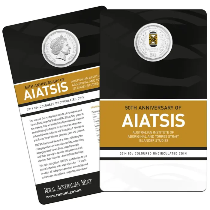 2014 50 cent AIATSIS Coloured UNC Carded Coin 50th Anniversary Mintage 30,000