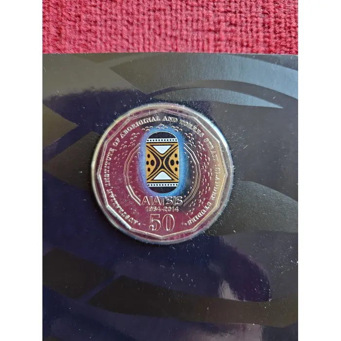2014 50 cent AIATSIS Coloured UNC Carded Coin 50th Anniversary Mintage 30,000