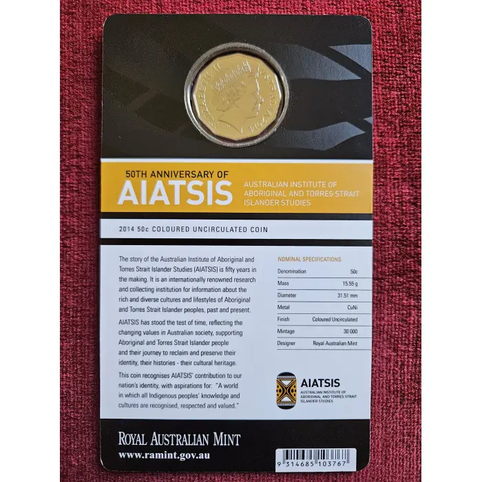 2014 50 cent AIATSIS Coloured UNC Carded Coin 50th Anniversary Mintage 30,000