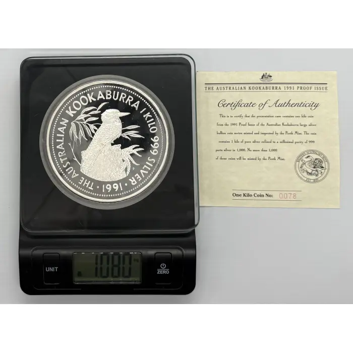 1991 Perth Mint Australian kookaburra Proof Issue 1kg silver coin. 1,000 mintage