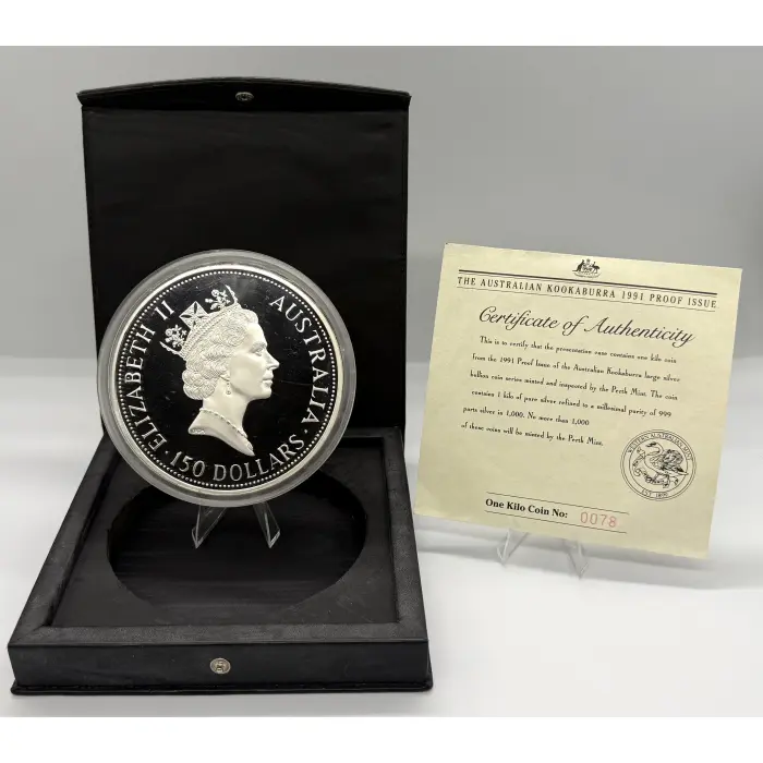 1991 Perth Mint Australian kookaburra Proof Issue 1kg silver coin. 1,000 mintage
