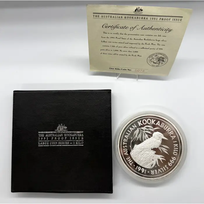 1991 Perth Mint Australian kookaburra Proof Issue 1kg silver coin. 1,000 mintage