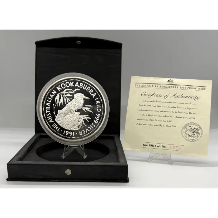 1991 Perth Mint Australian kookaburra Proof Issue 1kg silver coin. 1,000 mintage