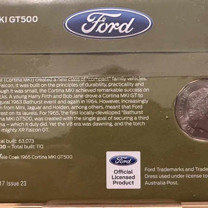 Australia Post PNC 1965 Ford Cortina MKI GT500 50c Coin Stamp Cover FDI