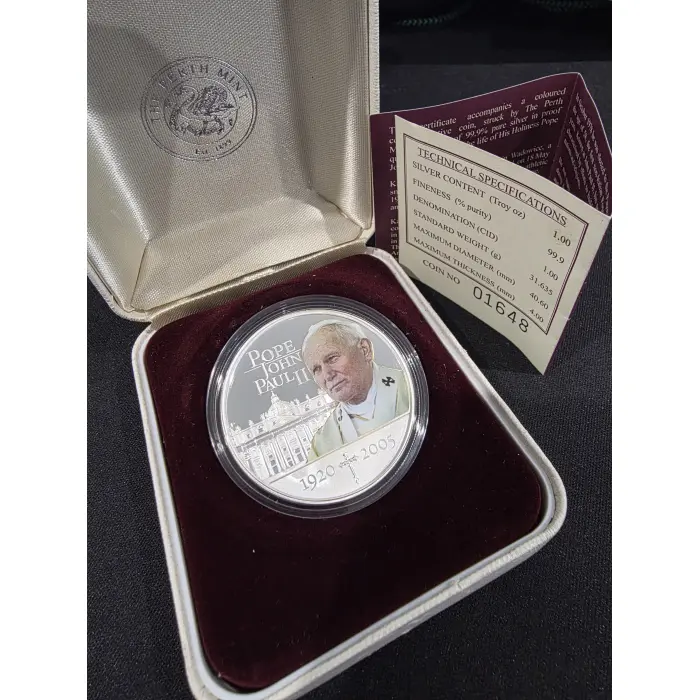 1oz silver proof 2005 Perth mint pope John Paul II box and COA