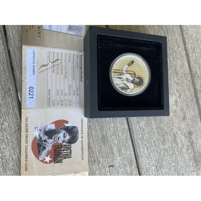 Title: 2024 Perth Mint Aretha Franklin 1oz Silver Proof Coloured Coin #0221 - Lo