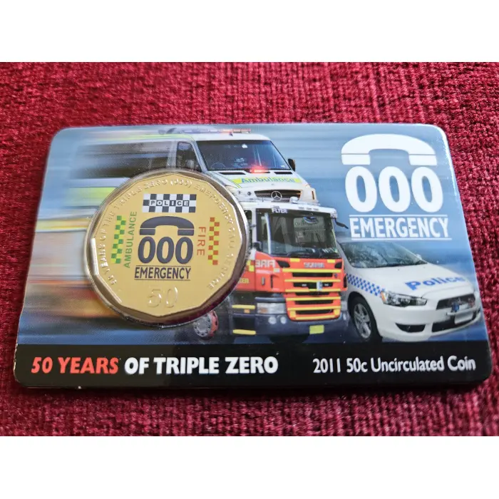 2011 50 cent Triple Zero (000) 50th Ann. UNC Coloured Coin on Card Mintage 29201
