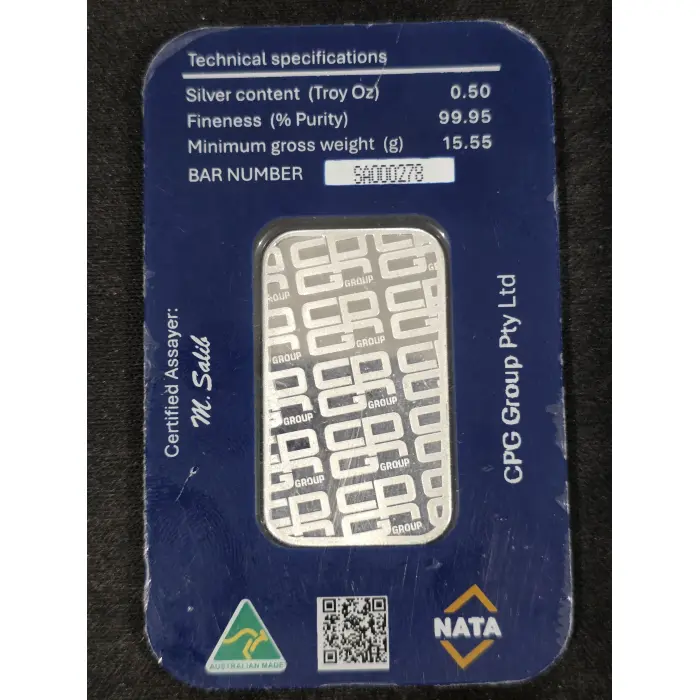 CPG group 1/2 oz silver bar in assay