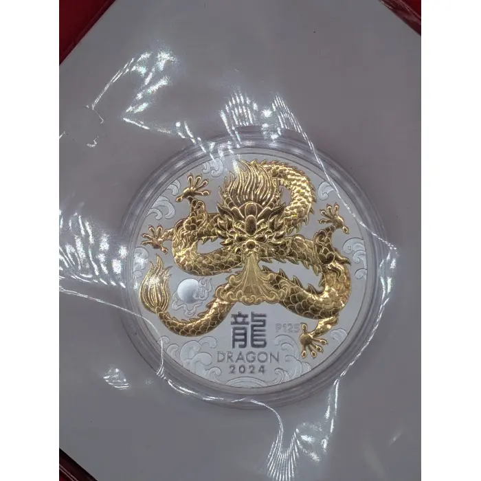 2024 Lunar III Dragon 1oz 99.99% Ag Gilded Coin 