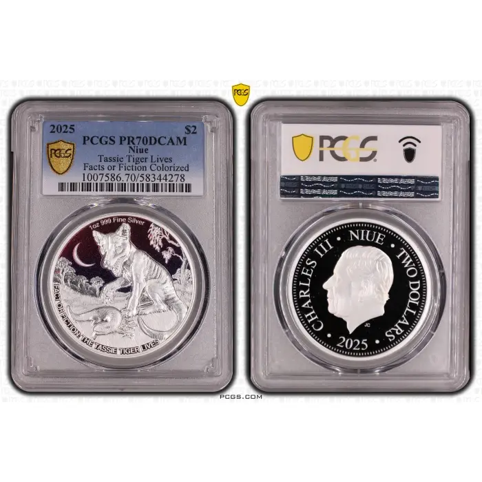 TOP POP 1 of 3 - 2025 $2 1oz Tassie Tiger Lives - Fact or fiction Series PR70DCA