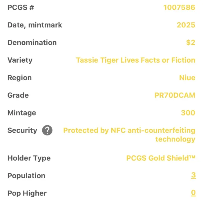TOP POP 1 of 3 - 2025 $2 1oz Tassie Tiger Lives - Fact or fiction Series PR70DCA