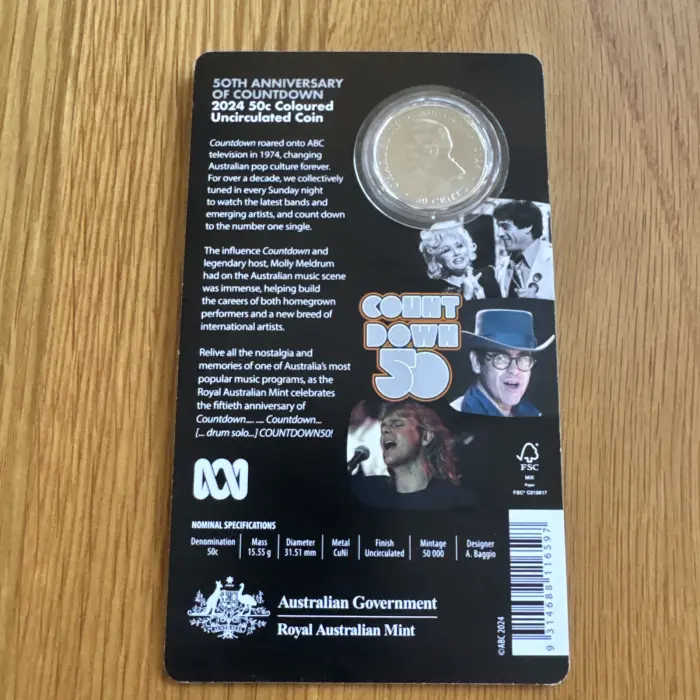 2024 50th Anniversary Of Countdown 50 Cent Coloured Uncirculated Coin RAM Card
