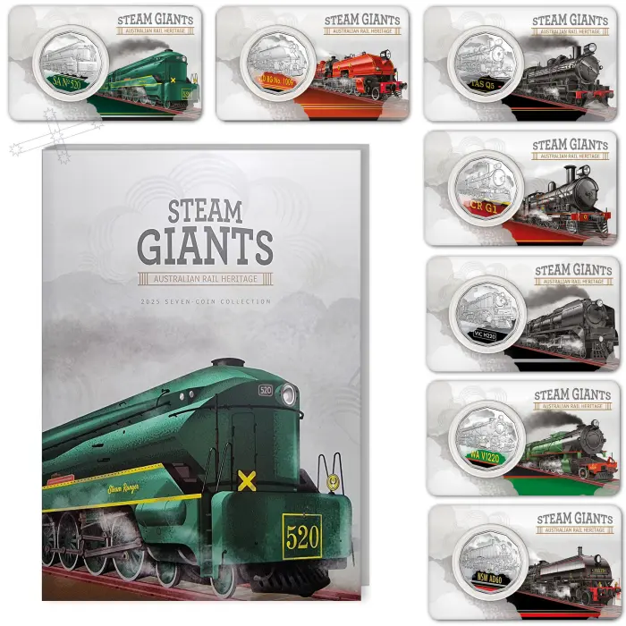 2025 50c Steam Giants - Complete Set of 7x 50c Collector Cards in Folder