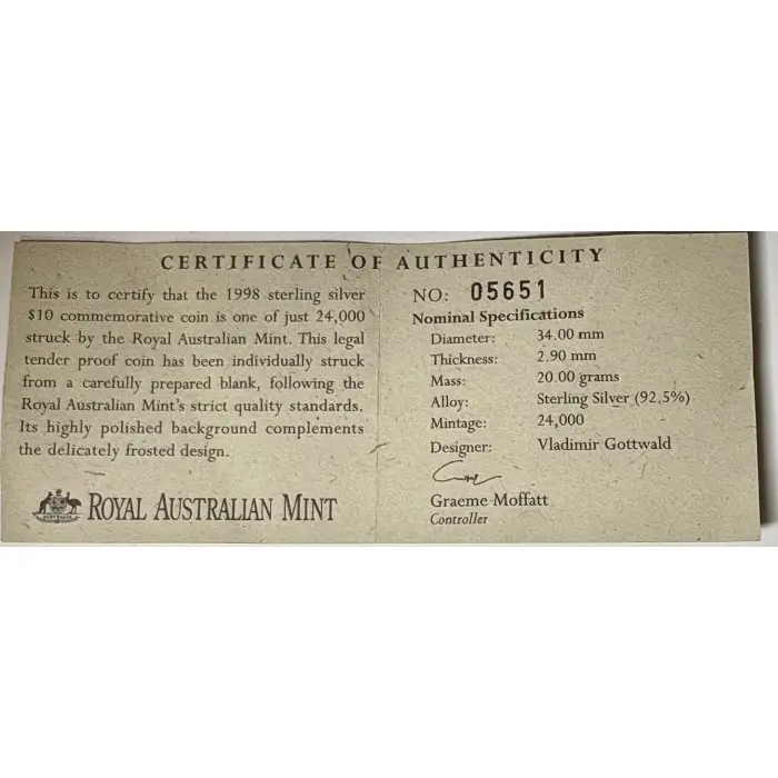 Royal Aus Mint -1998 $10 Silver Proof Aus Endangered Northern Hairy-Nosed Wombat