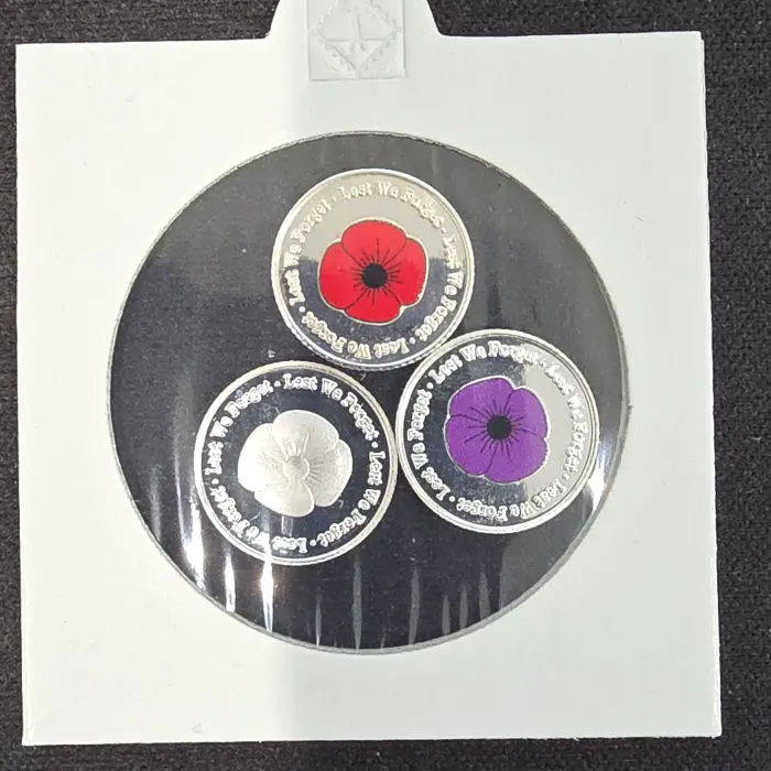 Trio of poppies 3 x 1g FSA 999 fine silver rounds - red poppy, purple poppy