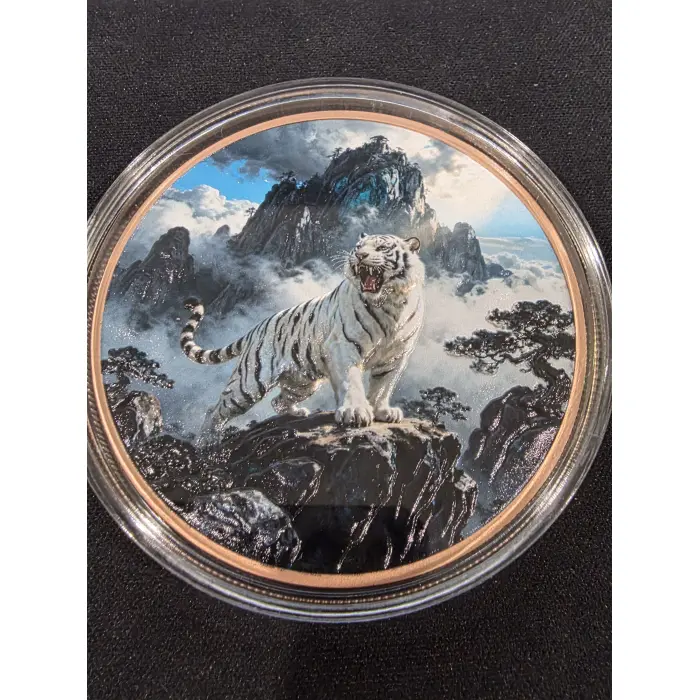 5oz 999 fine copper high relief colourised "flaming white tiger"