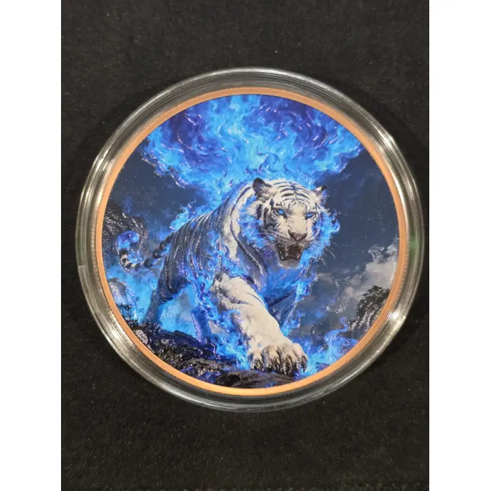 5oz 999 fine copper high relief colourised "flaming white tiger"