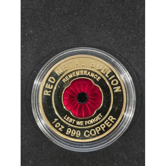 1oz gold plated copper round, Red Metal Bullion Red Poppy