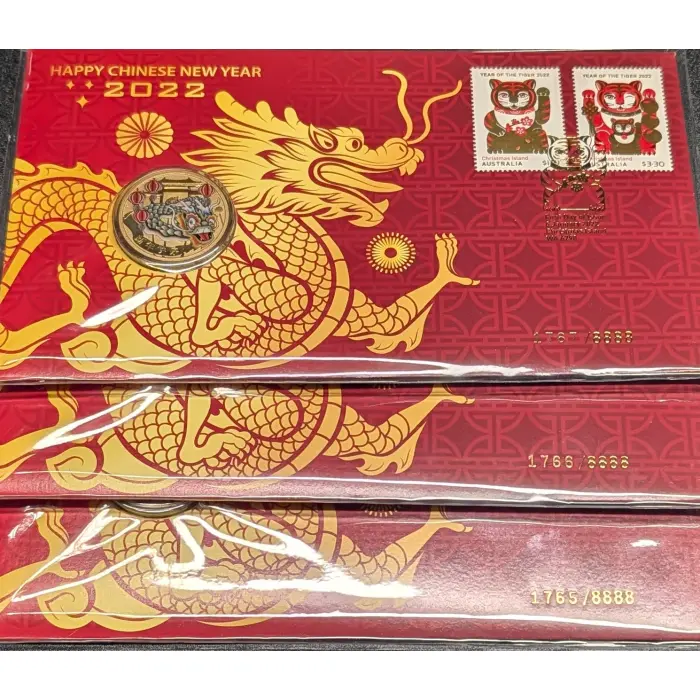 2022 $1 Year of the Dragon PNC - FRUNC Coloured Coin