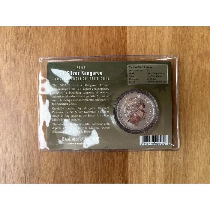 2005 $1 Kangaroo Coin in Silver - In  plastic sleeve and cardboard display