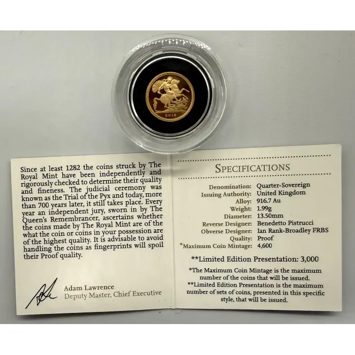 2015 Great Britain Royal Mint 1/4 gold sovereign. 3,000 mintage- only one in Oz!