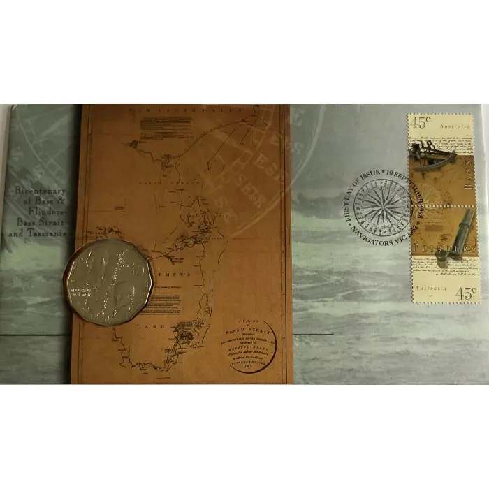 1998 PNC BICENTENARY OF BASS & FLINDERS 50c COIN & STAMP COVER