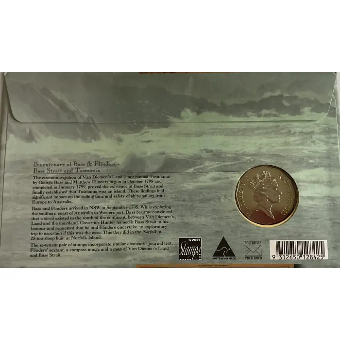 1998 PNC BICENTENARY OF BASS & FLINDERS 50c COIN & STAMP COVER