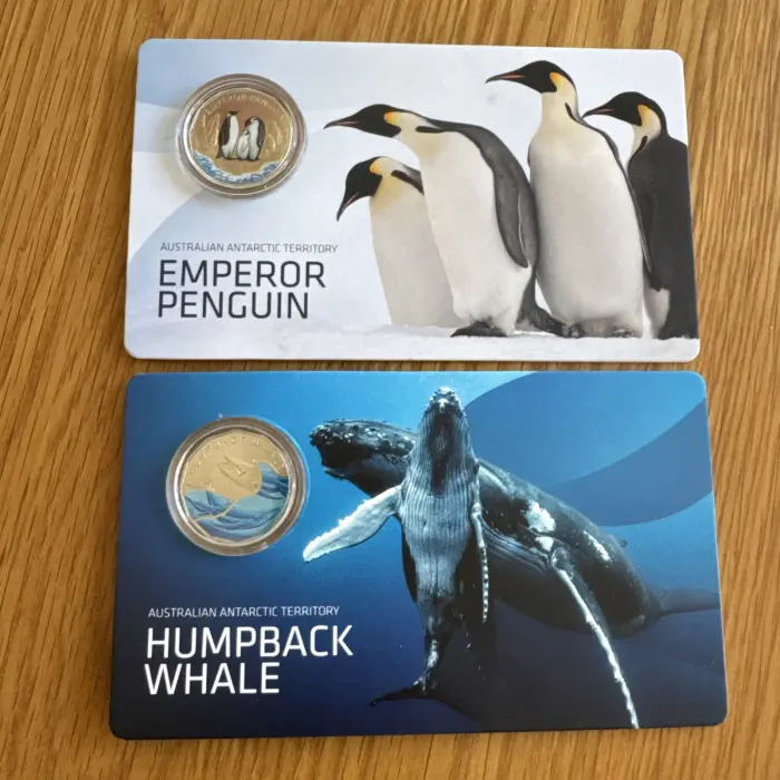 2023 50c AAT Emperor Penguin & Humpback Whale Coloured Coin RAM set
