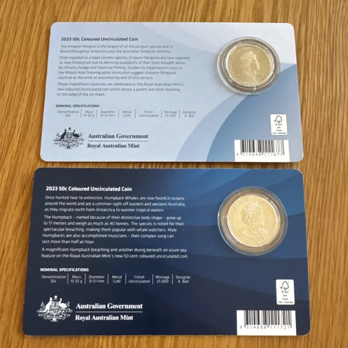2023 50c AAT Emperor Penguin & Humpback Whale Coloured Coin RAM set