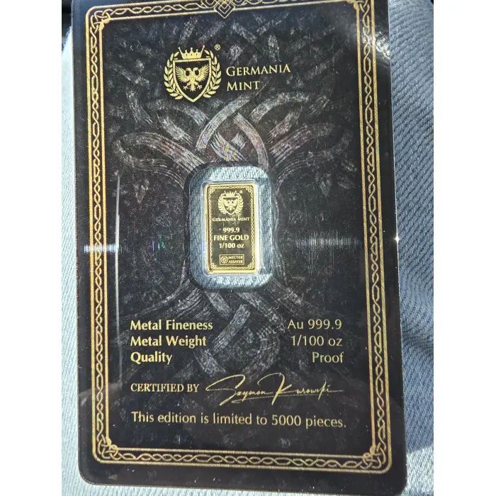 1/100th oz 999 gold bar Germania Mint "Odin" limited to 5000 