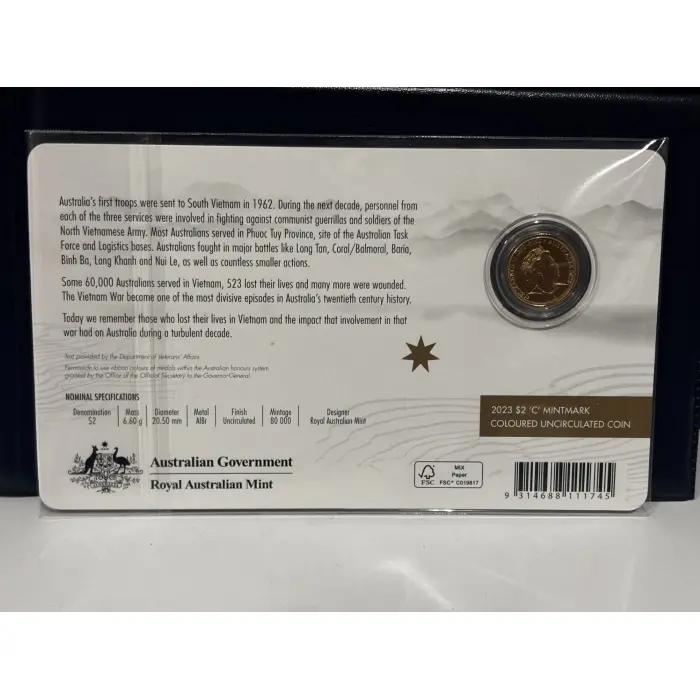  2023 $2 'C' Uncirculated Coloured Coin Vietnam War 50th Anniversary