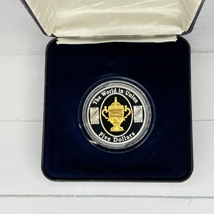 2003 Rugby World Cup $5 Fine Silver Proof Coin