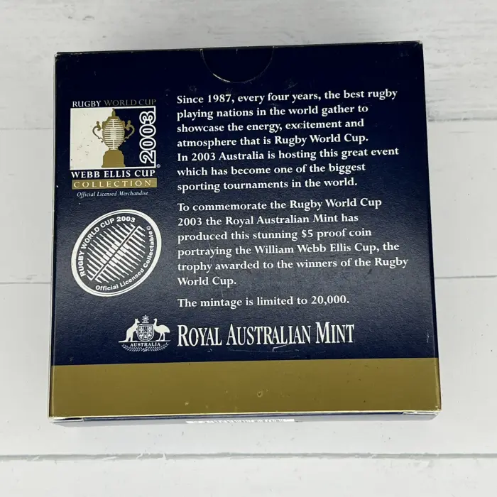 2003 Rugby World Cup $5 Fine Silver Proof Coin