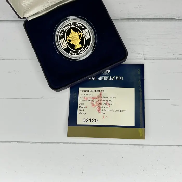 2003 Rugby World Cup $5 Fine Silver Proof Coin