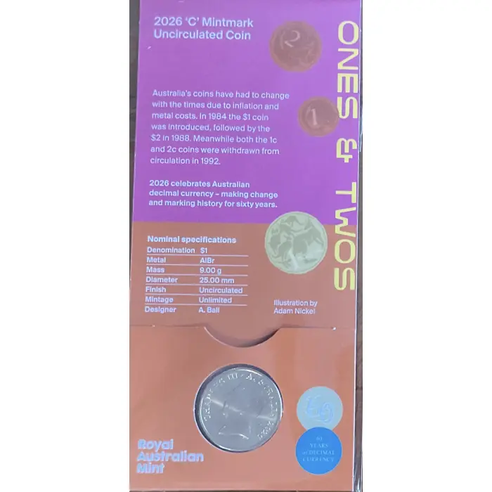 2026 60TH ANNIVERSARY OF DECIMAL CURRENCY - $1.00 ‘C’ MINTMARK - UNC CARDED COIN