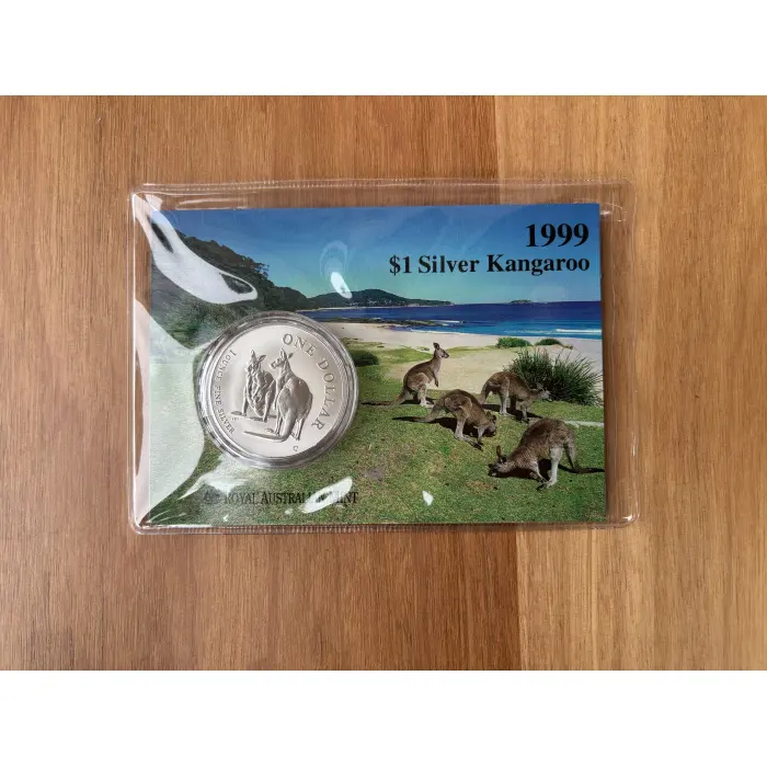 1999 $1 Silver Kangaroo Coin  - In original plastic slip and cardboard display. 