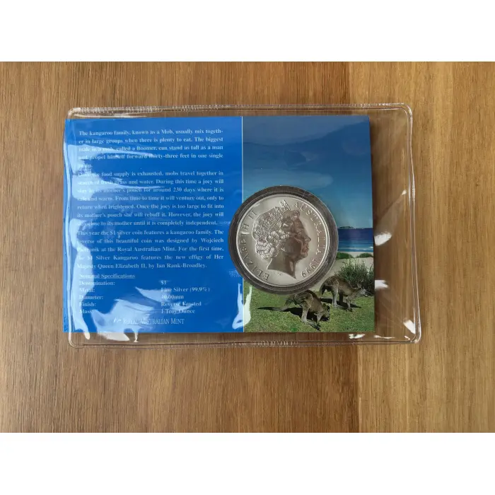 1999 $1 Silver Kangaroo Coin  - In original plastic slip and cardboard display. 