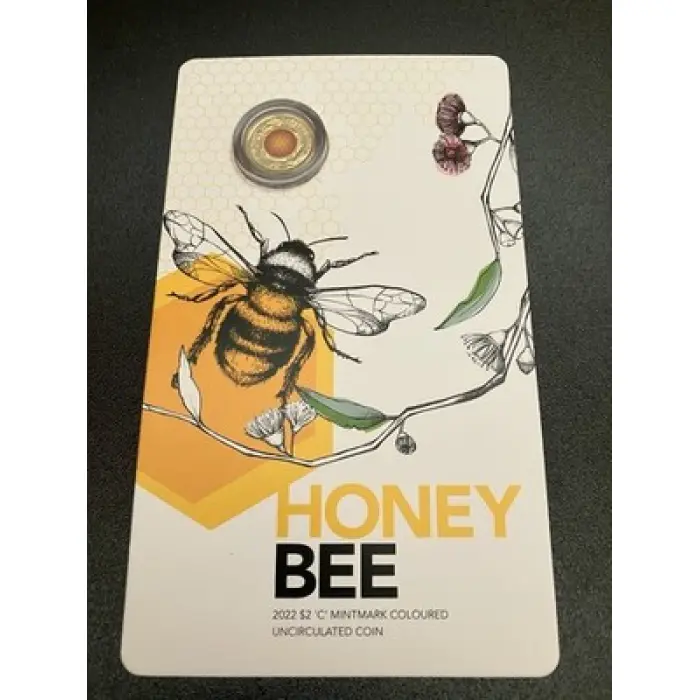 * 2022 $2 HONEY BEE "C" MINT MARK TWO DOLLAR COLOURED COIN 0N CARD